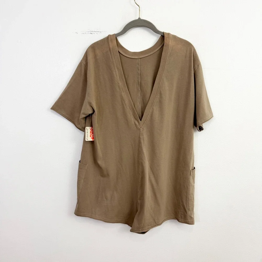 Free People Hot Shot Tee Romper Mocha Latte Oversized Pocket Romper NWT XS